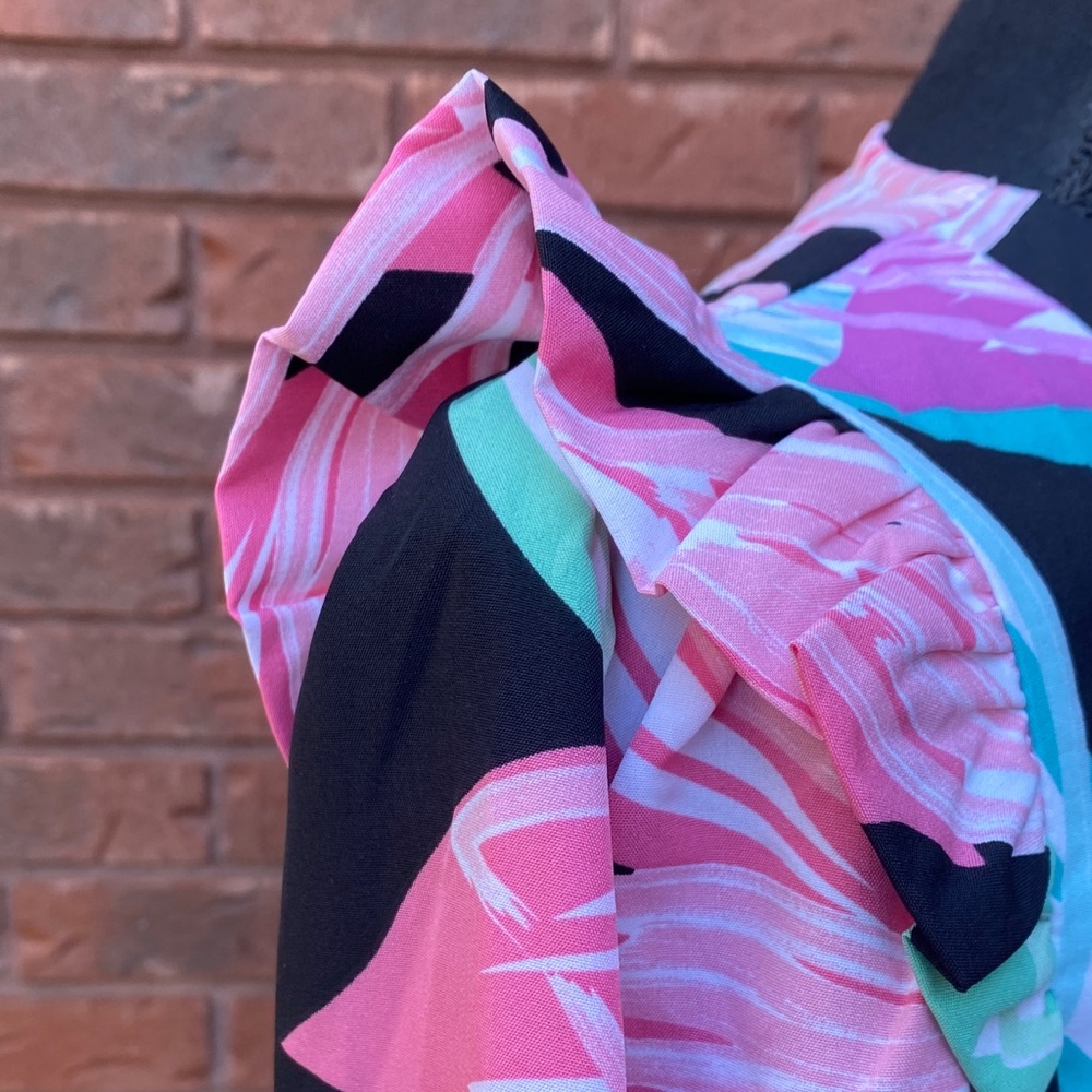 NWT Floral Wrap Romper in Pink, Aqua & Black L - Picture 9 of 14